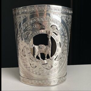 Vintage Sterling Silver Ethnic Lama Alpaca Etched Wide Bangle Boho Cuff